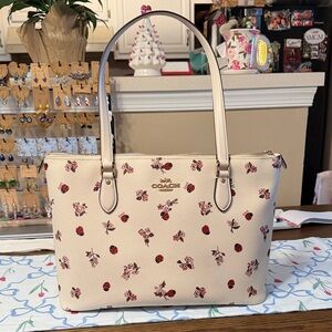 Coach Cream Tote with Red Floral and Ladybug Print